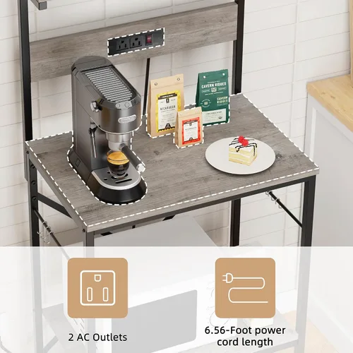 Vista 4 de JAMFLY Estante para hornear de cocina con toma de corriente, soporte para microondas con 6 ganchos en forma de S, barra de café de 4 niveles