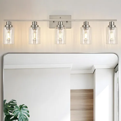 Vista 19 de Jonsi Accesorios de iluminación de baño dorados, 2 luces de tocador de oro cepillado con pantalla de vidrio estriada, luces modernas sobre espejo