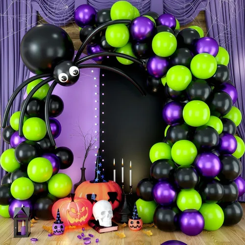 Vista 8 de Kit de guirnalda de arco de globos para decoración de Halloween, 101 piezas de globos de látex de confeti morado metálico y negro mate, con globos