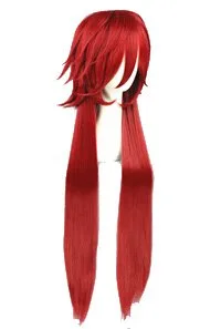Vista 2 de Grell Sutcliff Cosplay peluca larga roja recta disfraz con gorra de malla