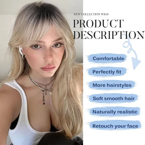 Vista 2 de HAIRCUBE Pelucas rubias degradadas con flequillo, longitud al hombro, peluca rubia ceniza para mujer, pelucas en capas, raíces oscuras, pelucas