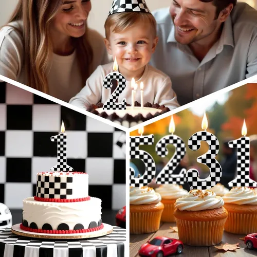 Vista 7 de Velas temáticas de autos de carreras para cumpleaños, velas numeradas número 0 a cuadros, decoración de pastel a cuadros en blanco y negro, adorno