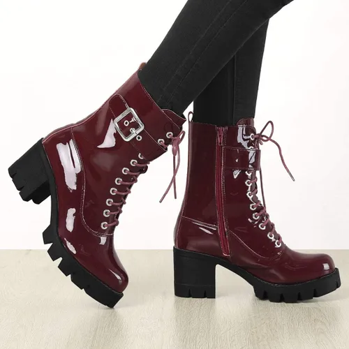 Vista 2 de Allegra K Botas de combate de tacón grueso con plataforma y cremallera para mujer