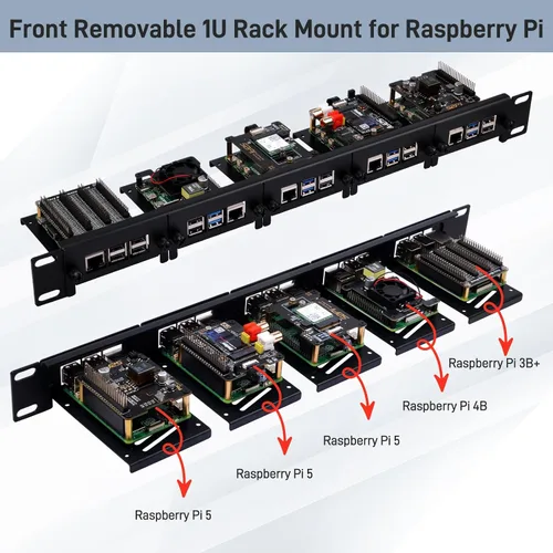 Vista 2 de GeeekPi 19 pulgadas 1U Rack Mount para Raspberry Pi 5/4B/3B+/3B, con soportes frontales extraíbles, compatible con gabinetes de servidor de 19