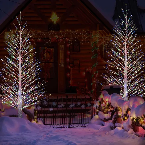 Vista 4 de Árbol de abedul iluminado de 7 pies, 1000 luces LED multicolor con luces parpadeantes, modos parpadeantes o constantes, alambre de alta densidad