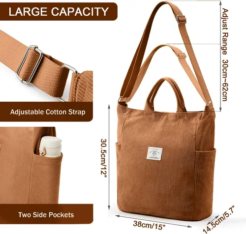 Vista 5 de KALIDI Bolso de mano de pana, bolso grande tipo mensajero para hombro, antisalpicaduras, bolsa cruzada con cremallera, casual, trabajo, compras