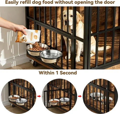 Vista 3 de Muebles de jaula para perros grandes y resistentes con cuencos y ruedas giratorios de 360°