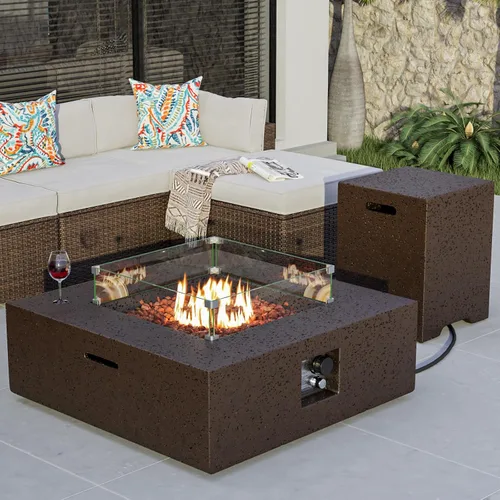 Vista 12 de COSIEST mesa de fogata a propano para exteriores de 35 pulgadas cuadrada de arenisca con protector contra el viento y mesa lateral, certificada