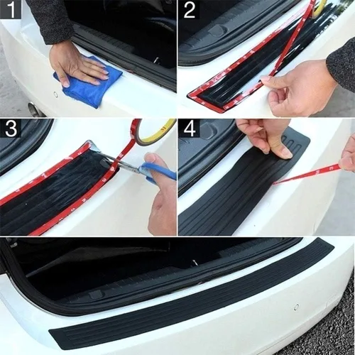 Vista 5 de iJDMTOY Protector de goma negra de silicona para el borde trasero del maletero con cinta de doble cara compatible con auto, camión, SUV, etc
