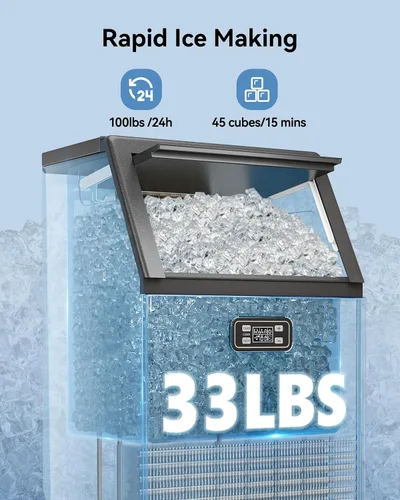 Vista 2 de Máquina de hielo comercial, produce 100 libras por día, 45 cubos en 15 minutos, máquina de hielo debajo del mostrador con almacenamiento de 33