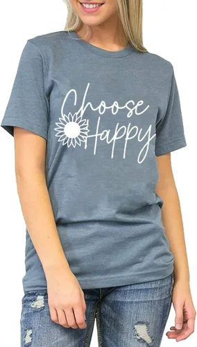 Vista 2 de Camisetas gráficas para mujer, camisetas con estampado de letras felices, girasol, camiseta inspiradora de manga corta casual