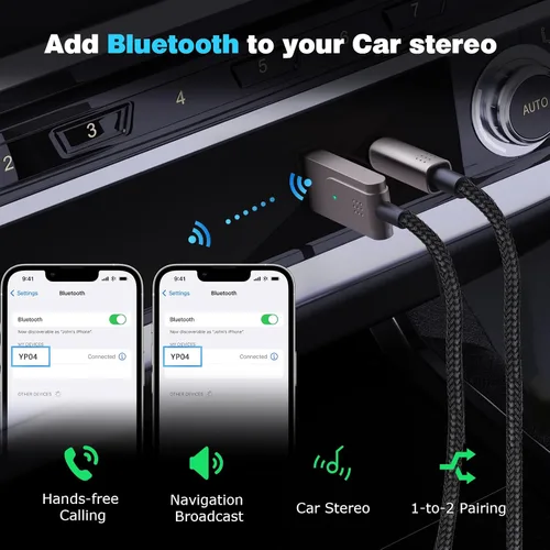 Vista 6 de Adaptador Bluetooth 5.3 a auxiliar para automóvil o amplificador, USB a receptor Bluetooth hembra de 0.138 in, compatible con altavoz con cable