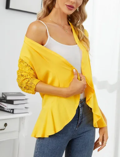 Vista 4 de KOJOOIN Blusas para mujer, ligeras, manga 34, casual, con encaje, parte delantera abierta, con volantes drapeados