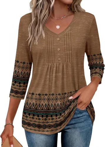 Vista 19 de Ekouaer Blusas de manga 3/4 para mujer, cuello en V, blusas plisadas casuales Boho Multicolor