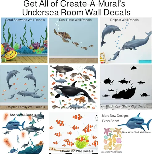 Vista 7 de Create-A-Mural Calcomanías de pared de tiburón ~ Impresionante tiburón vida marina y barco pirata hundido, gran blanco y tiburón martillo, arte