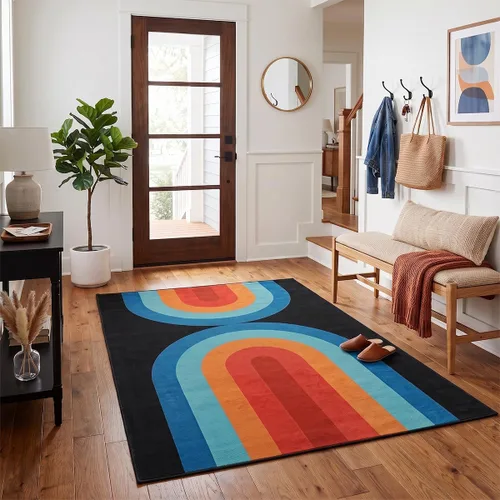 Vista 30 de Alfombra de pasillo de color azul arcoíris, alfombra de pasillo de 2 x 6 pies, lavable, antideslizante, bohemio, ligera, suave, resistente a