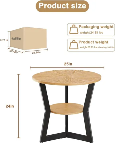 Vista 9 de Mesa auxiliar, mesa auxiliar redonda de madera para sala de estar con mesa de 2 niveles con estante de almacenamiento, diseño de soporte triangular