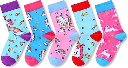 Vista 3 de Zmart Paquete de calcetines de animales para niñas, regalos de llama y unicornio, calcetines de corgi y pollo, 5 pares para niños