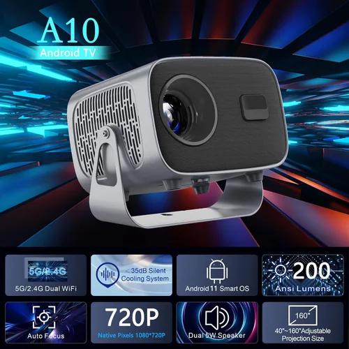 Vista 2 de Soporte para proyector 4K, mini proyector inteligente con Wifi6 y Bluetooth, enfoque eléctrico de 300ANSI, corrección Keystone automática para cine
