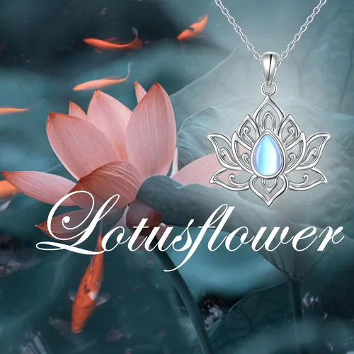 Vista 3 de FLYOW Collar de loto para mujer, plata de ley 925, piedra lunaturquesa, colgante de loto para niñas, aliviar la ansiedad y el estrés, regalos
