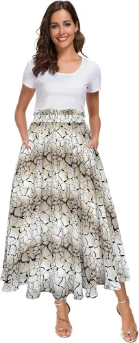 Vista 12 de Afibi Falda de gasa con estampado floral de cintura alta para mujer, estilo swing, de playa, midi, larga con bolsillos Negro