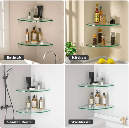 Vista 7 de Organizador de ducha de cristal esquinero, paquete de 2 estantes de vidrio templado de 0.315 in de grosor, sin perforaciones, montaje en pared