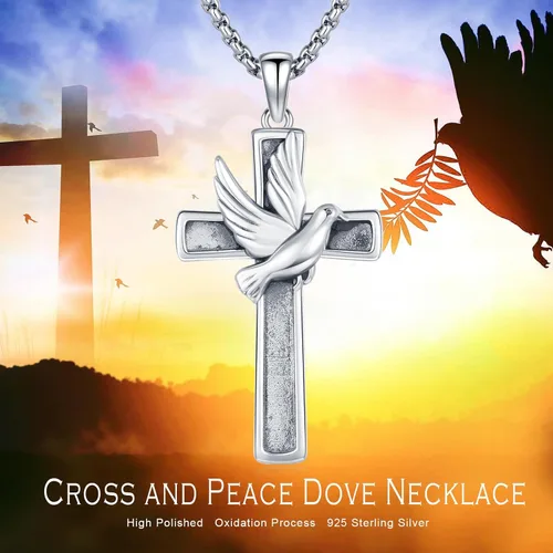 Vista 4 de Collar de cruz para mujeres y hombres de plata de ley 925 con colgante de paloma de la paz, joyería de fe regalo para niños cristianos, mamá hijo