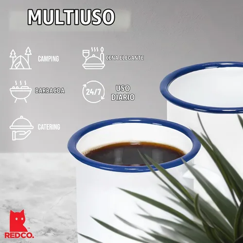 Vista 4 de Red Co. Juego de 6 tazas de café y té redondas de metal esmaltado de 5 onzas con asa, borde blanco sólido y azul marino