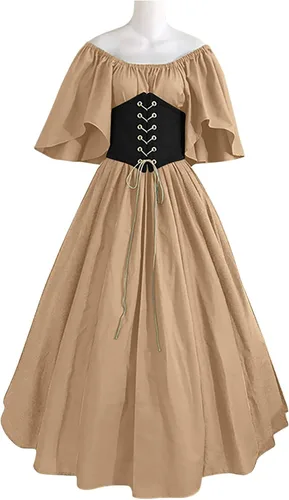 Vista 4 de SHOPESSA Vestido renacentista, disfraz victoriano para mujer, vestido de baile de retazos, vestido medieval de manga acampanada con corsé