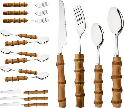 Vista 13 de Juego de cubiertos de mango de bambú natural, juego de cubiertos de acero inoxidable para 4, tenedores, cucharas, cuchillos para uso diario, 16