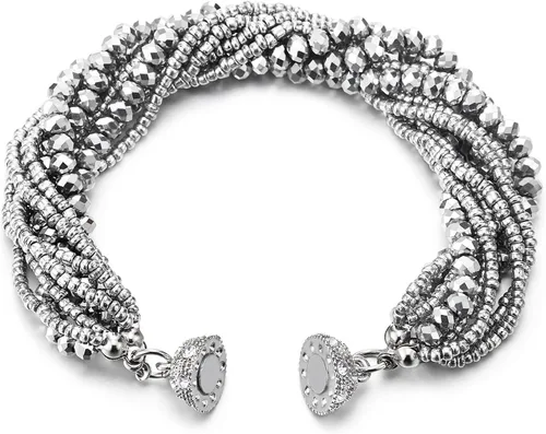 Vista 3 de COOLSTEELANDBEYOND Pulsera de cuentas de cristal de color plateado con cierre magnético de encanto de bola de diamantes de imitación, Cristal Plata