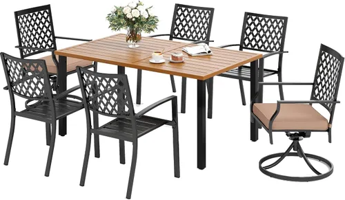 Vista 23 de SUNSHINE VALLEY Juego de 7 sillas de comedor para patio, material metálico, 6 sillas de comedor de color teca rectangular con agujero para sombrilla