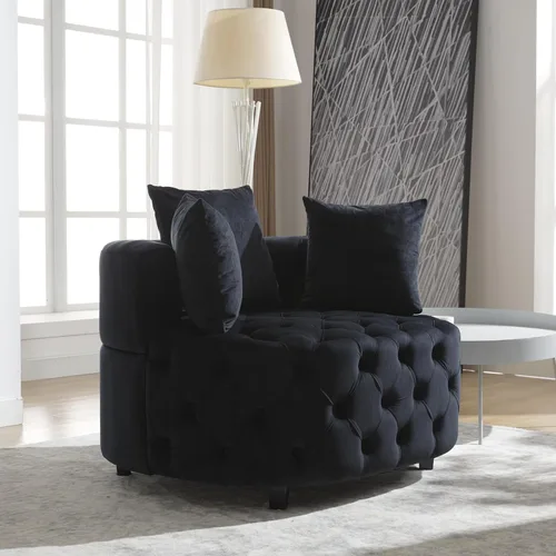 Vista 8 de HMFULE Silla de ocio moderna tapizada de terciopelo, silla giratoria con ruedas móviles y 3 almohadas para sala de estar (negro)