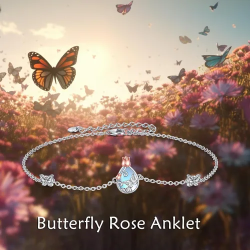 Vista 5 de AOBOCO Tobillera de plata de ley para mujer, pulsera de tobillo de ojo turco de mariposa de cristal, libélula