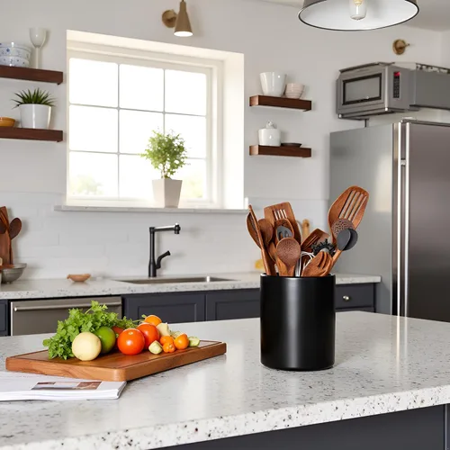 Vista 4 de Portautensilios de cocina, Portautensilios grandes para encimera, Recipiente de cerámica para utensilios, Profundo y estable, Portautensilios