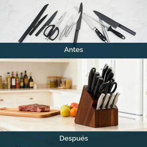 Vista 6 de KITCHENDAO Bloque de cuchillos de madera de acacia de 20 ranuras sin cuchillos, soporte universal para cuchillos de cocina, sostiene múltiples tipos