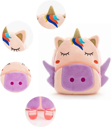 Vista 5 de NICE CHOICE Linda bolsa cruzada para niños pequeños de peluche con dibujos animados, mini bolsa de viaje para bebé niña niño de 2 a 6 años, Mochila