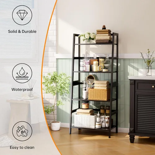 Vista 4 de HITNET Estante de escalera negro, estantería de 4 niveles, estante de almacenamiento de baño independiente con marco de bambú, soporte de exhibición