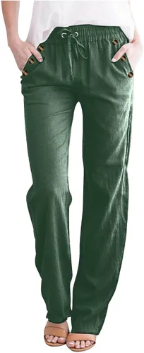Vista 9 de Casual Pants for Women Summer Solid Color Drawstring Elastic Waist Pants Baggy Straight Leg Long Trouser with Pocket