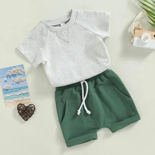 Vista 3 de Conjunto de traje de verano para bebé niño pequeño, manga corta, cuello redondo, letras impresas, lindo traje de verano, conjunto de 2 piezas