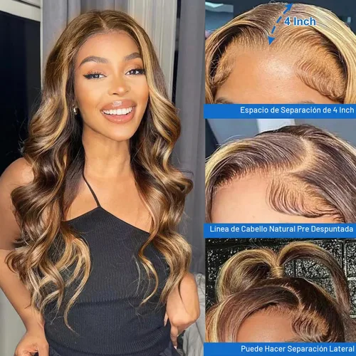 Vista 2 de Pelucas de encaje frontal de 13x4 Highlight Ombre de cabello humano ondulado 4/27 color rubio miel 9A sin pegamento HD encaje frontal transparente