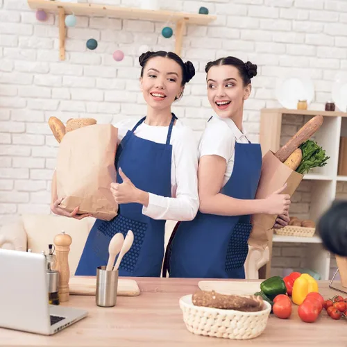 Vista 6 de Delantales azules a granel para mujeres y niñas con 2 bolsillos, delantales de cocina de restaurante de chef, delantales lisos, para artistas