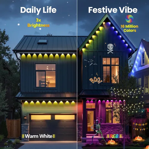 Vista 8 de Luces permanentes para exteriores, 50 pies, RGB+IC alero para casa IP67 Waterproof Smart LED Outdoor Lights with 16M Colors, App/Remote Control