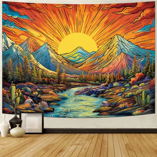 Vista 6 de Serborlur Tapiz bohemio con sol y montaña, diseño de árbol de bosque trippy, vintage, estético, mágico de río, paisaje, naturaleza, para colgar