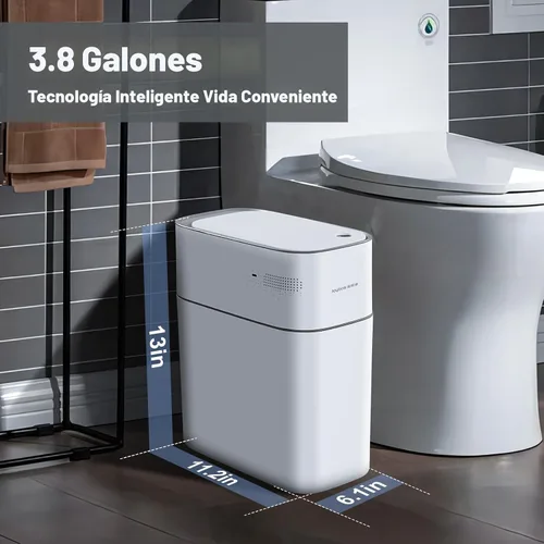 Vista 5 de JOYBOS Bote de basura automático con tapa, 3.8 galones, delgado y pequeño cubo de basura inteligente de plástico blanco, sensor de movimiento