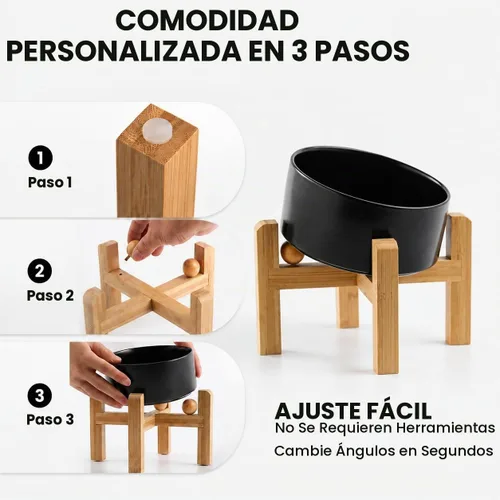 Vista 2 de hjn Cuenco elevado de cerámica para perros/cuencos elevados de cerámica para perros con soporte de bambú, comedero elevado inclinado de 15°