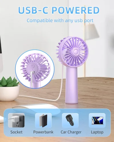 Vista 6 de KIDEE Mini ventilador portátil, pequeño ventilador de mano con 3 velocidades, ventiladores de mano personales recargables por USB, funciona
