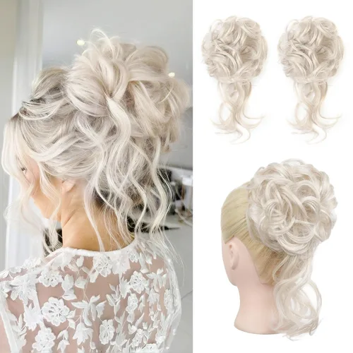 Vista 17 de HOOJIH 2 piezas de extensiones de cabello estilo moño despeinado, extensiones de cabello rizado y ondulado con tiras, cola de caballo, horquillas