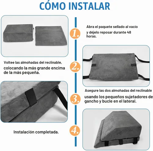 Vista 6 de Cojín reclinable ajustable de cuña de 6 pulgadas de grosor con espuma elástica y correas, almohada elevadora multiusos para silla, sofá, cama y sofá