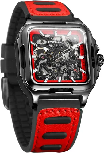Vista 7 de FORSINING Reloj de pulsera con diseño de esqueleto impermeable para hombre, automático, steampunk, correa de silicona, luminoso cuadrado
